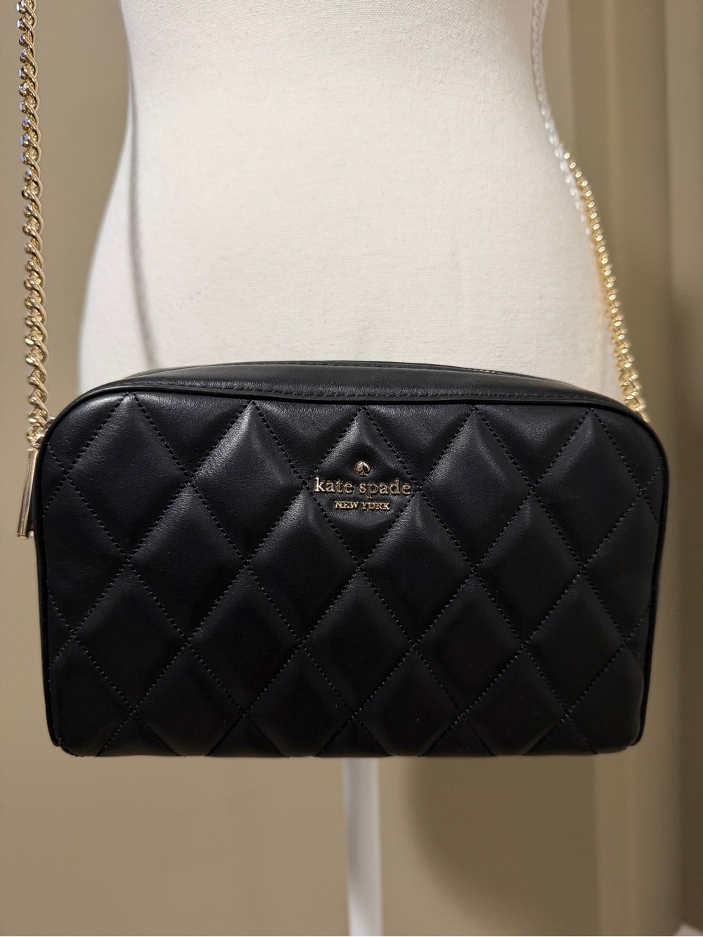 kate spade Black Quilted Leather Crossbody with Gold Chain